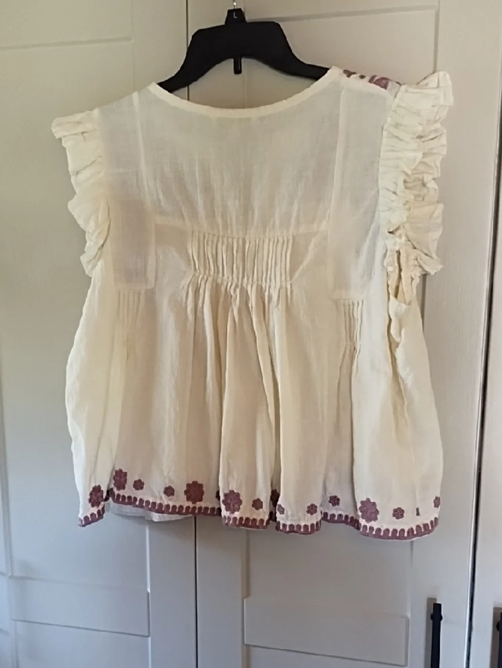 Embroidered Ruffle Cotton Blouse - Cream with Mauve Detail - Picture 6 of 7